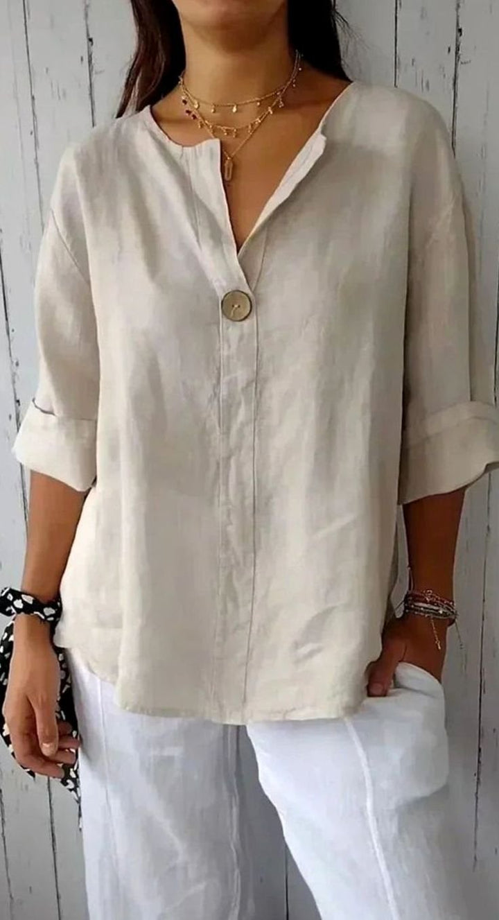 Women's Relaxed-Fit Linen V-Neck Single-Button Blouse