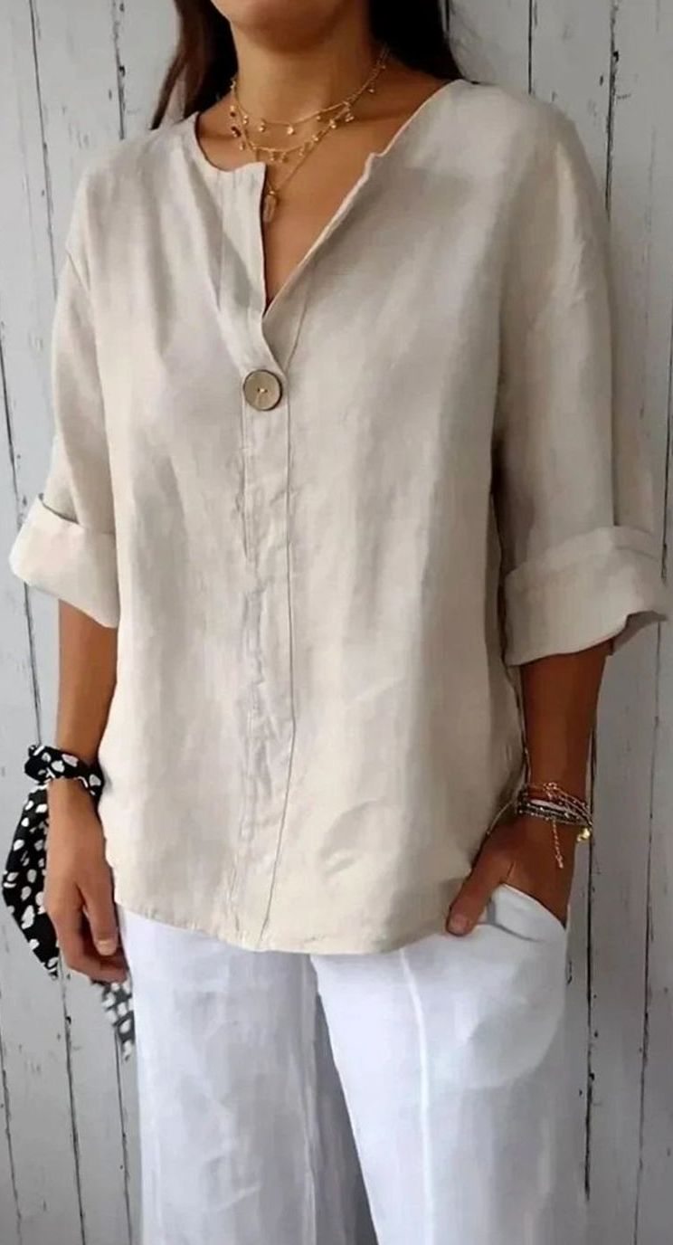 Women's Relaxed-Fit Linen V-Neck Single-Button Blouse
