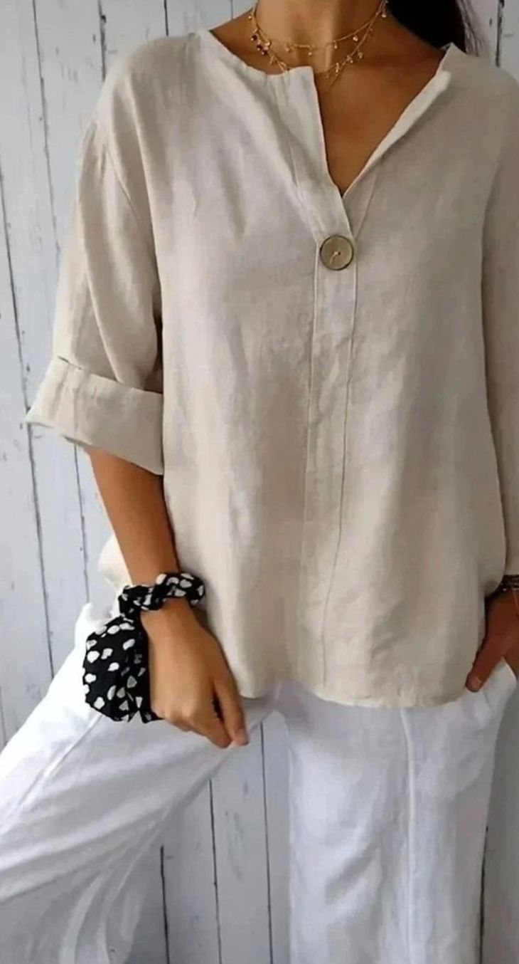 Women's Relaxed-Fit Linen V-Neck Single-Button Blouse