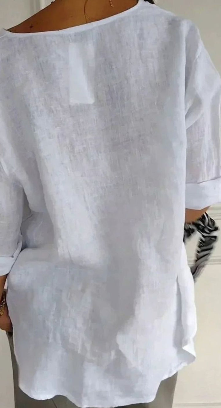 Women's Relaxed-Fit Linen V-Neck Single-Button Blouse