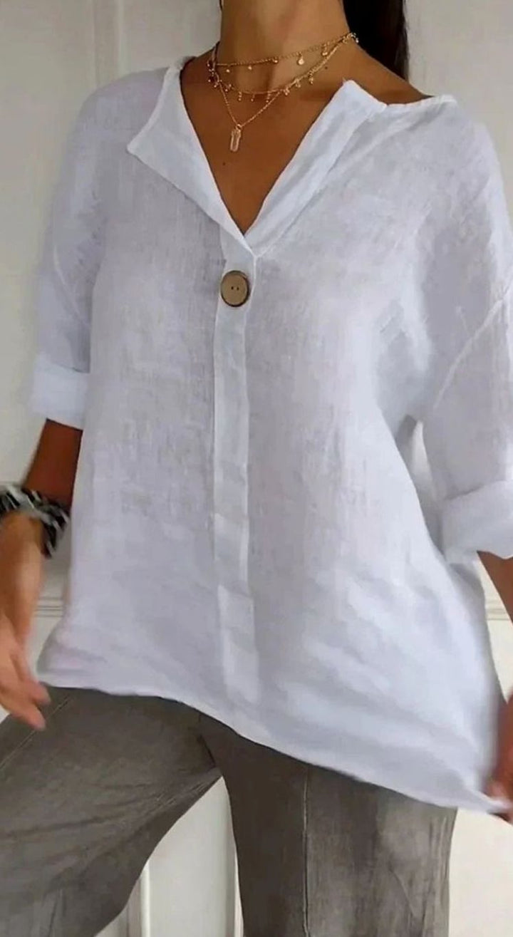 Women's Relaxed-Fit Linen V-Neck Single-Button Blouse