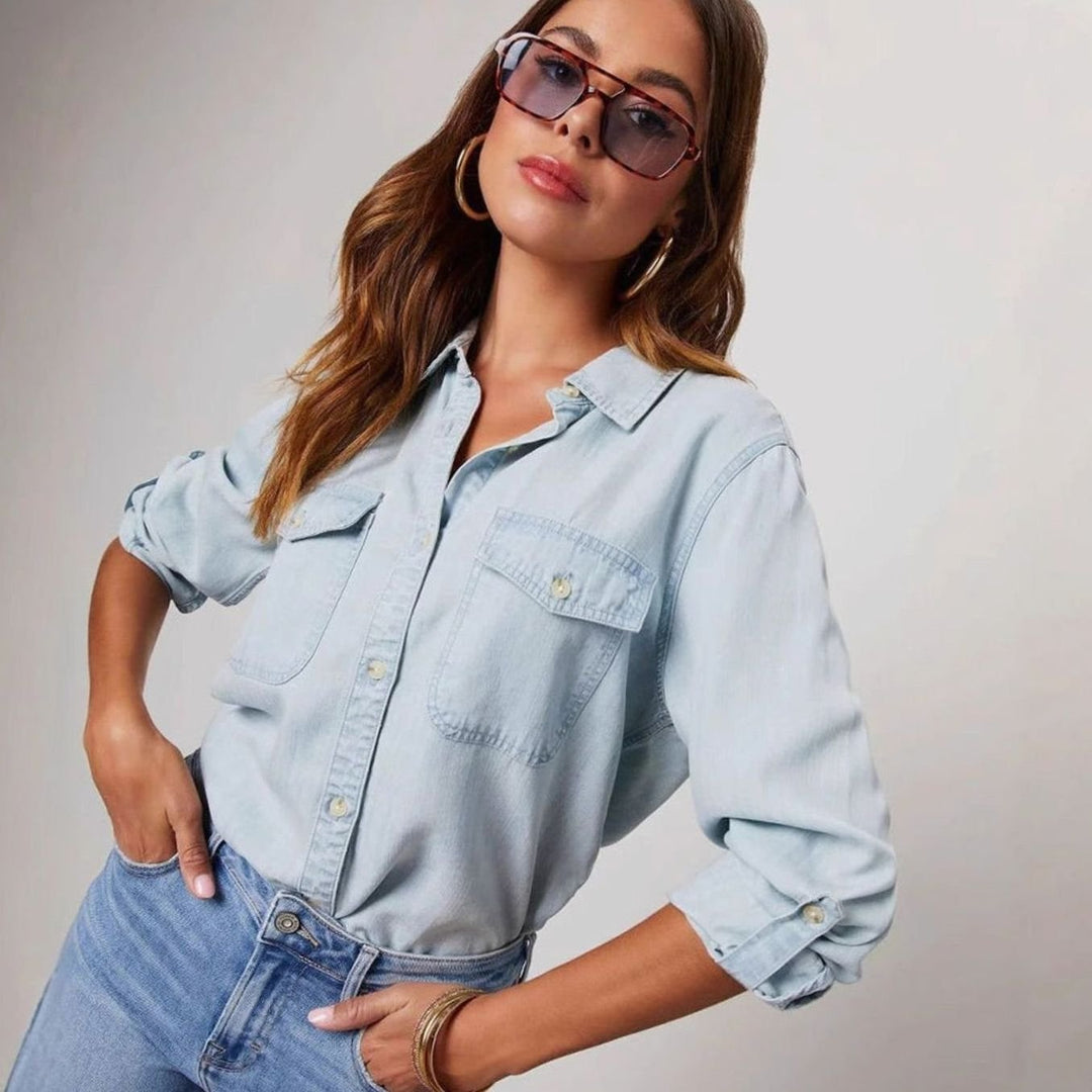 Women's Relaxed-Fit Long-Sleeve Button-Down Denim Blouse