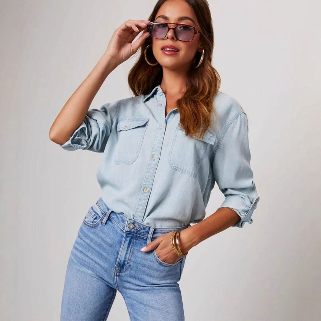 Women's Relaxed-Fit Long-Sleeve Button-Down Denim Blouse