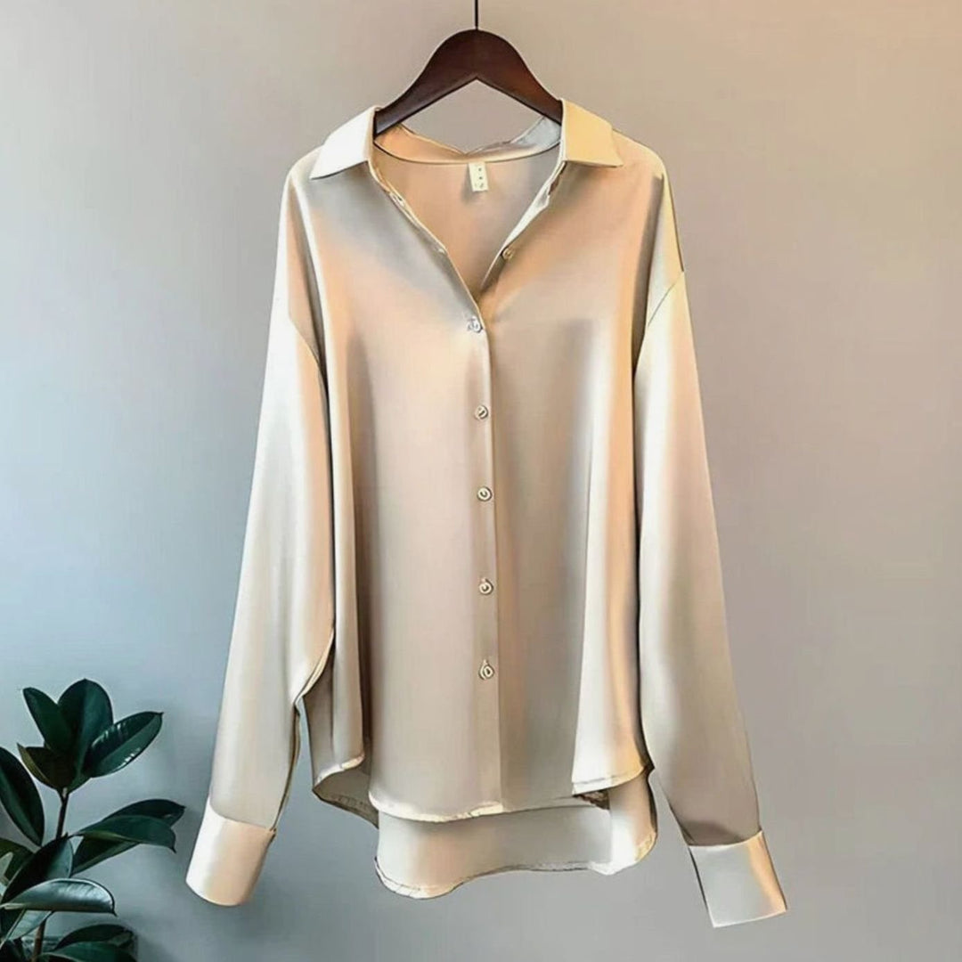 Women's Relaxed-Fit Long-Sleeve Satin Blouse Asymmetric Hem