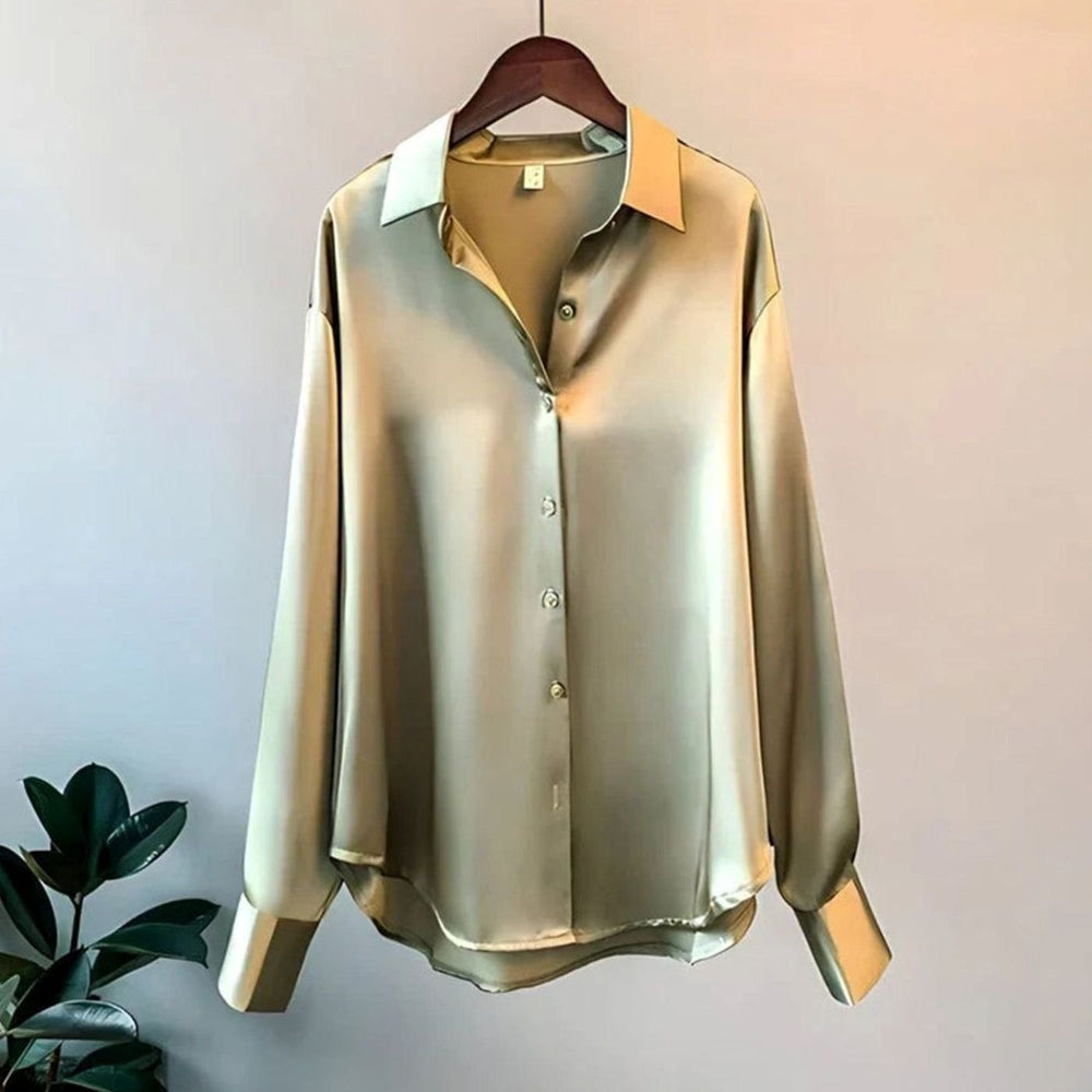 Women's Relaxed-Fit Long-Sleeve Satin Blouse Asymmetric Hem