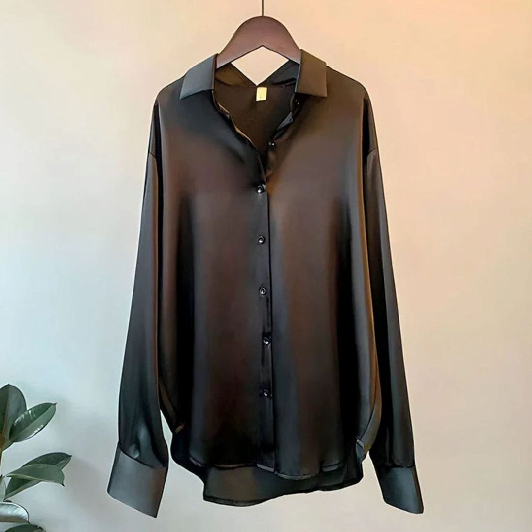 Women's Relaxed-Fit Long-Sleeve Satin Blouse Asymmetric Hem