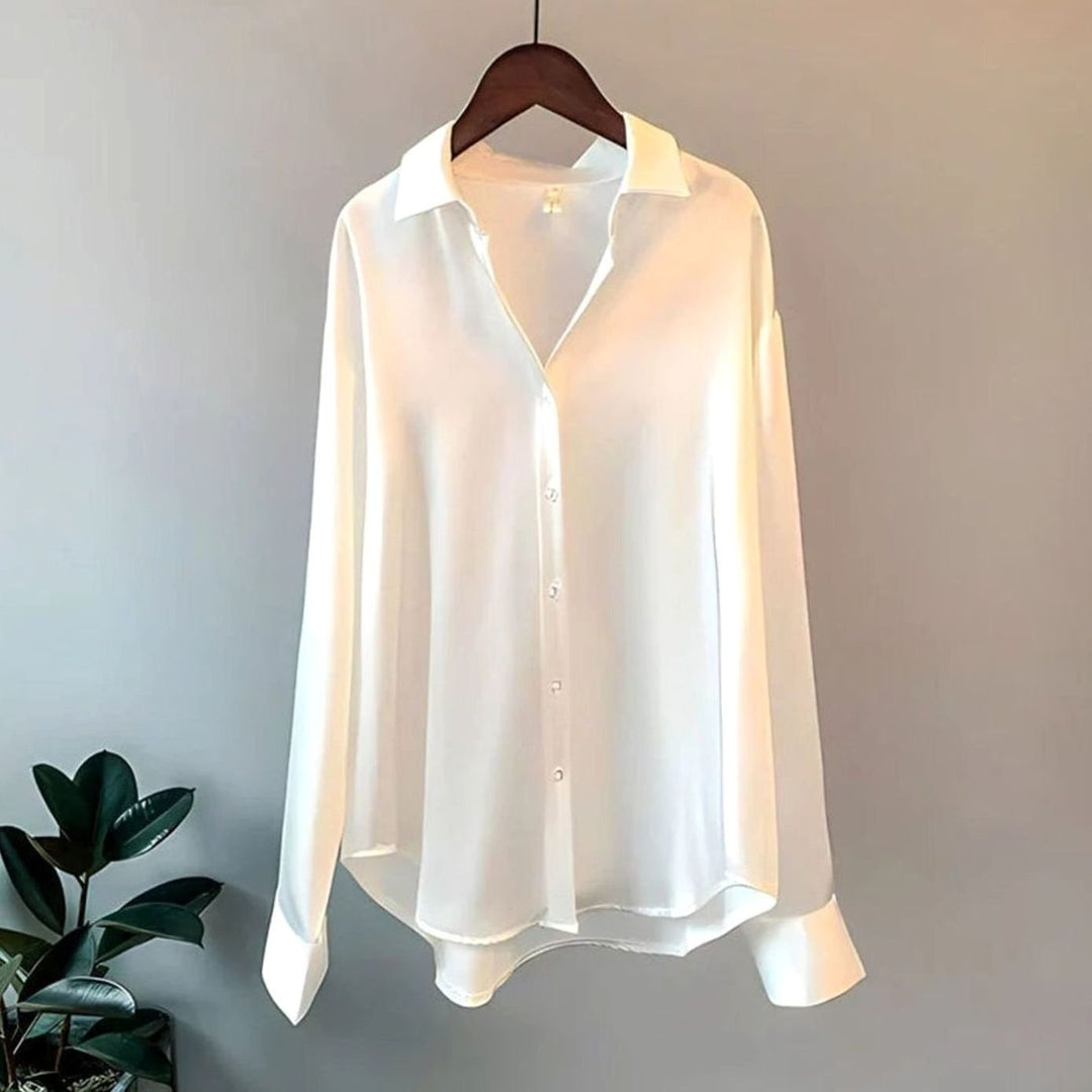 Women's Relaxed-Fit Long-Sleeve Satin Blouse Asymmetric Hem