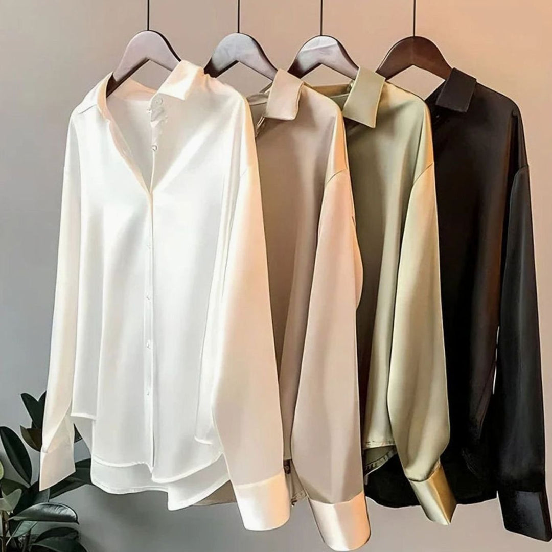 Women's Relaxed-Fit Long-Sleeve Satin Blouse Asymmetric Hem