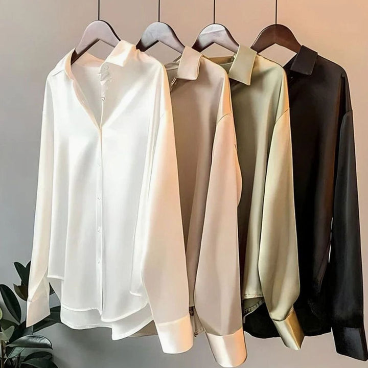 Women's Relaxed-Fit Long-Sleeve Satin Blouse Asymmetric Hem