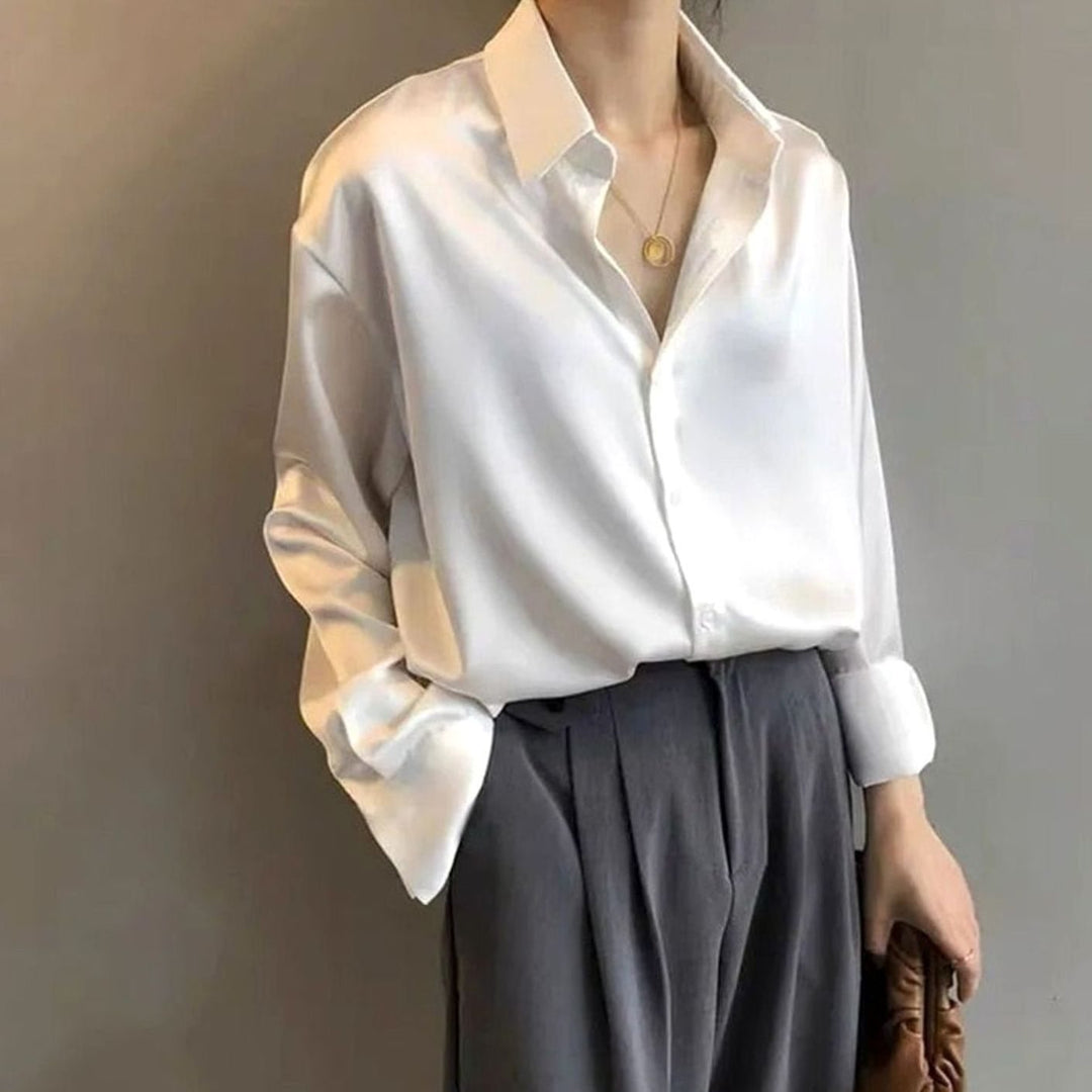 Women's Relaxed-Fit Long-Sleeve Satin Blouse Pointed Collar