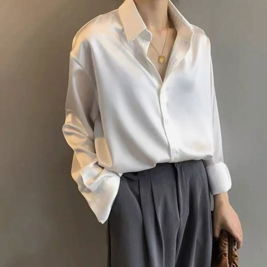 Women's Relaxed-Fit Long-Sleeve Satin Blouse Pointed Collar