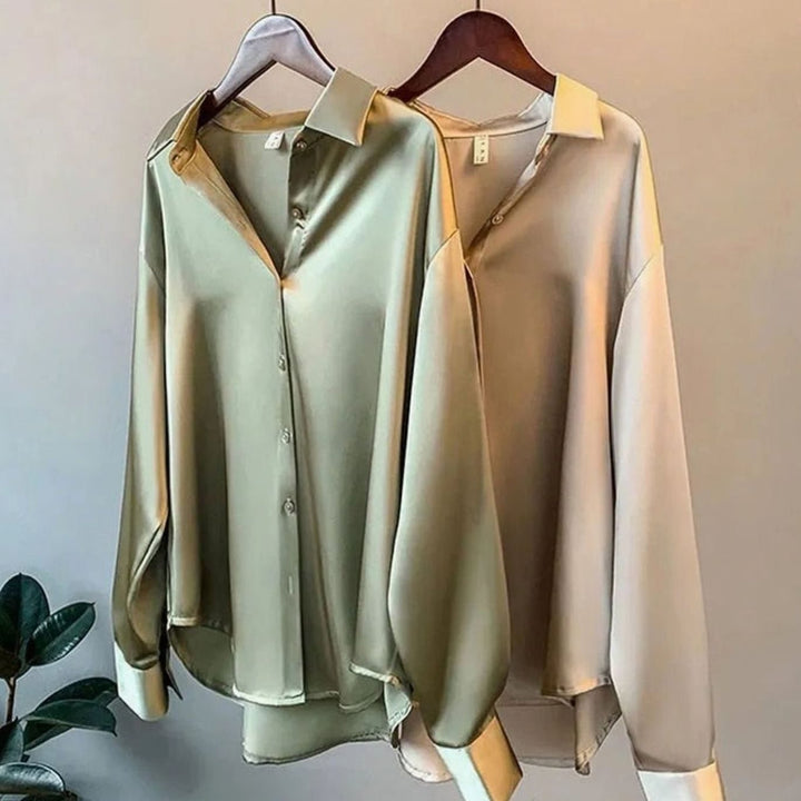 Women's Relaxed-Fit Long-Sleeve Satin Blouse Pointed Collar