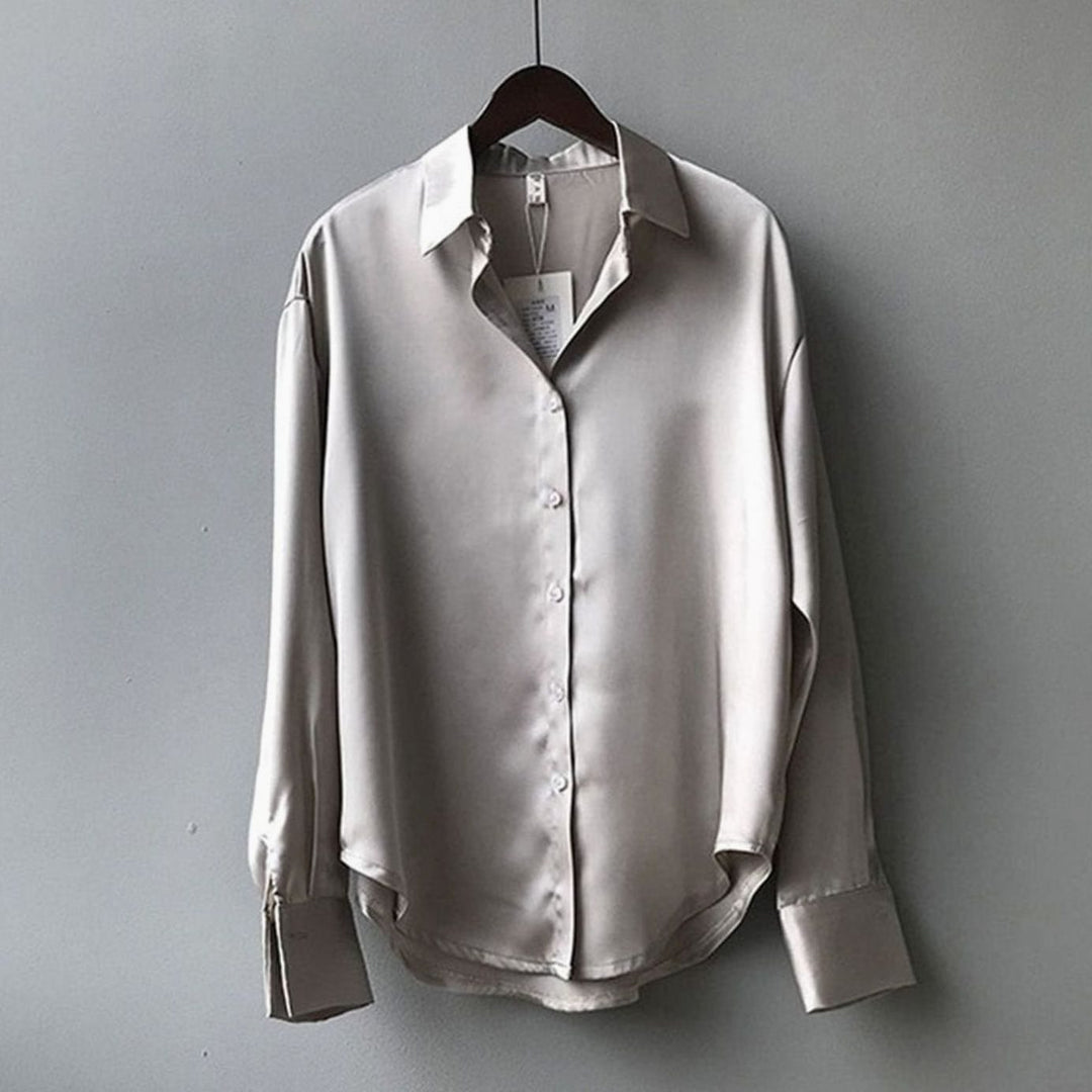Women's Relaxed-Fit Long-Sleeve Satin Blouse Pointed Collar