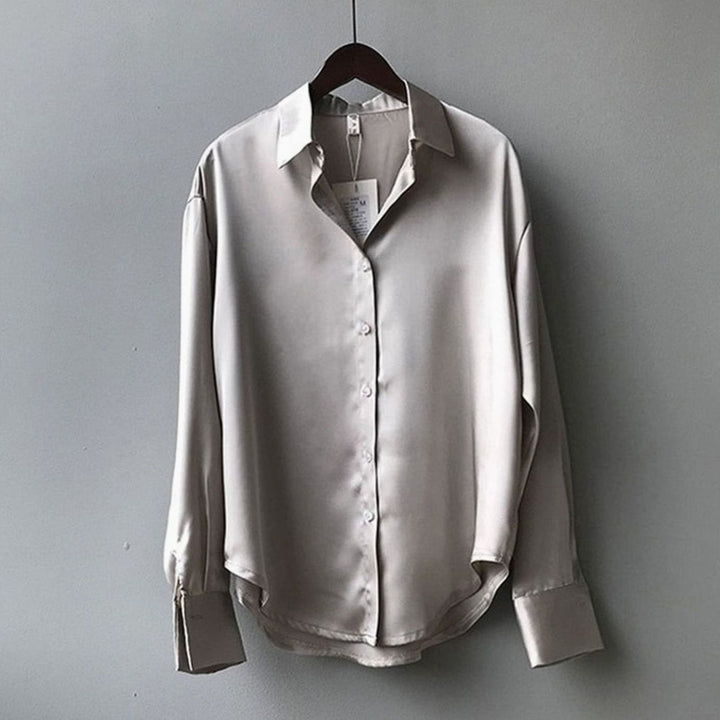 Women's Relaxed-Fit Long-Sleeve Satin Blouse Pointed Collar
