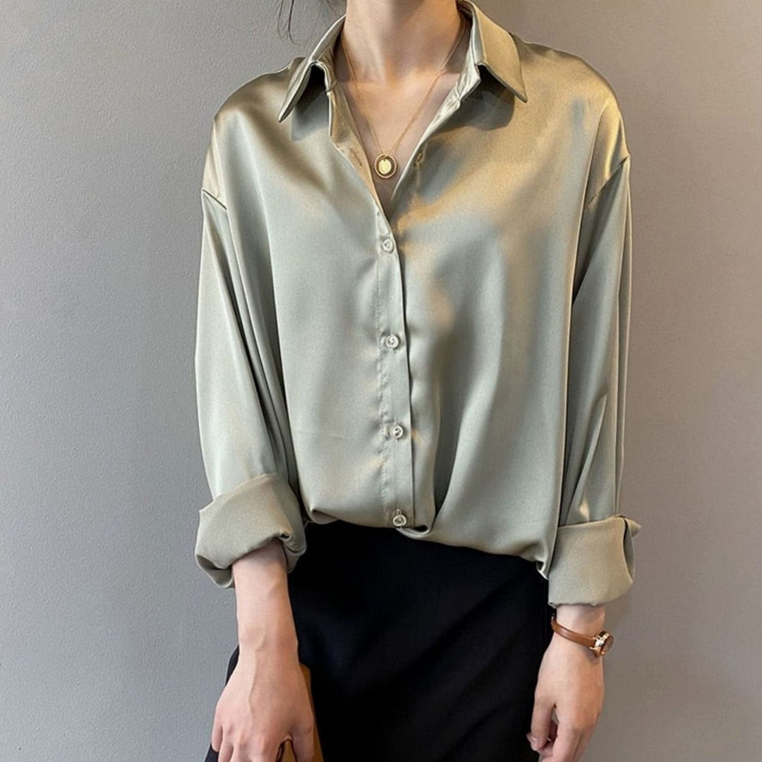 Women's Relaxed-Fit Long-Sleeve Satin Blouse Pointed Collar
