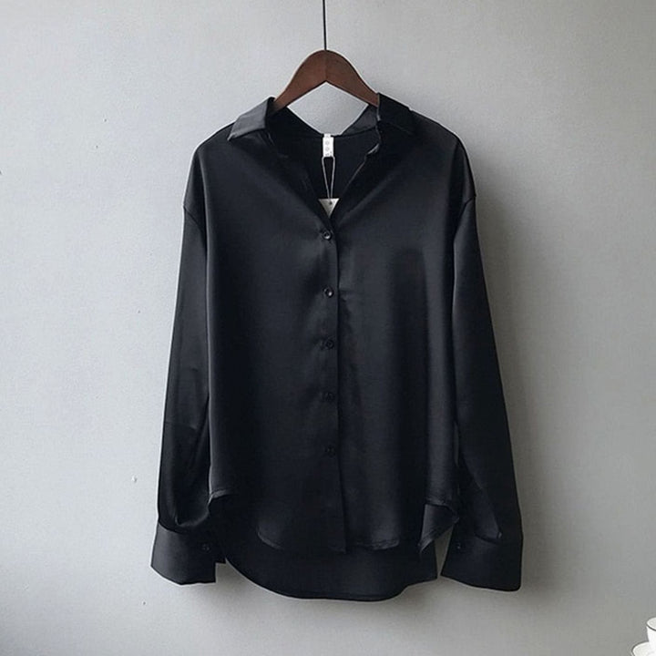 Women's Relaxed-Fit Long-Sleeve Satin Blouse Pointed Collar