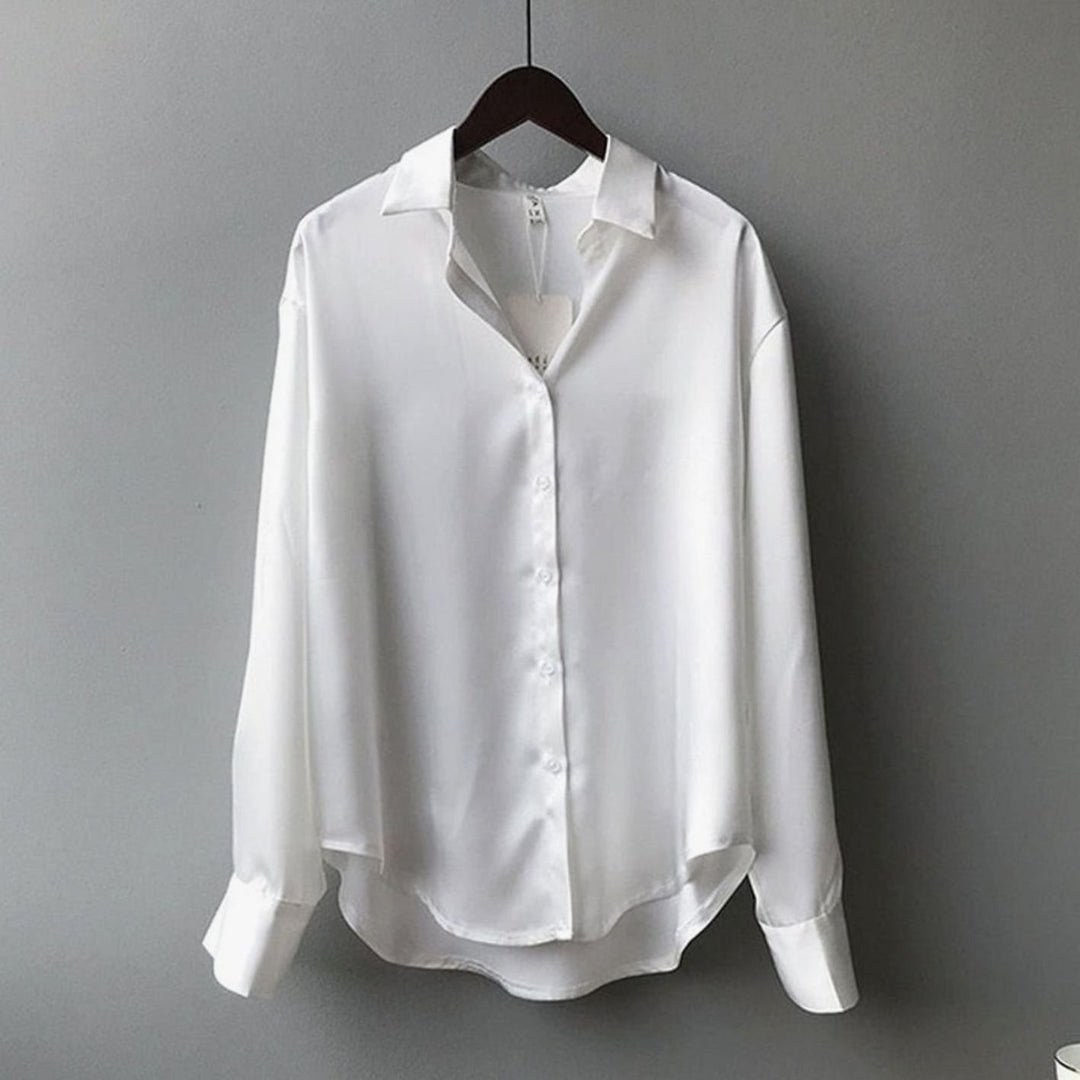 Women's Relaxed-Fit Long-Sleeve Satin Blouse Pointed Collar