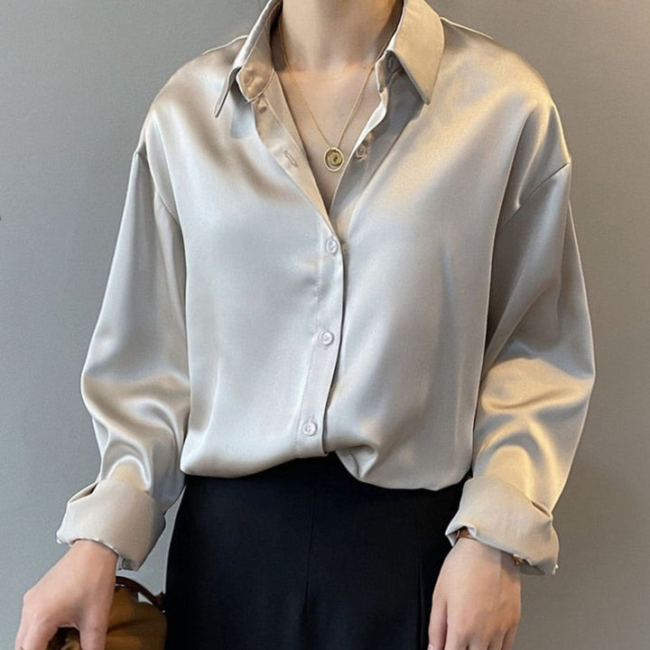 Women's Relaxed-Fit Long-Sleeve Satin Blouse Pointed Collar