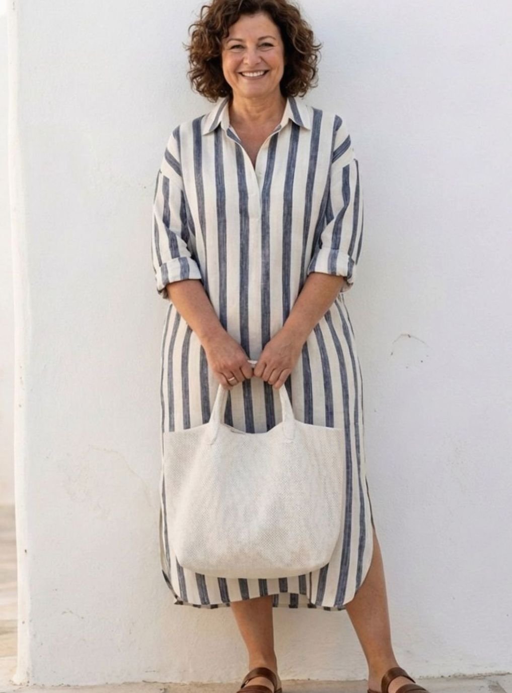 Women's Relaxed-Fit Long Sleeve Striped Midi Shirt Dress