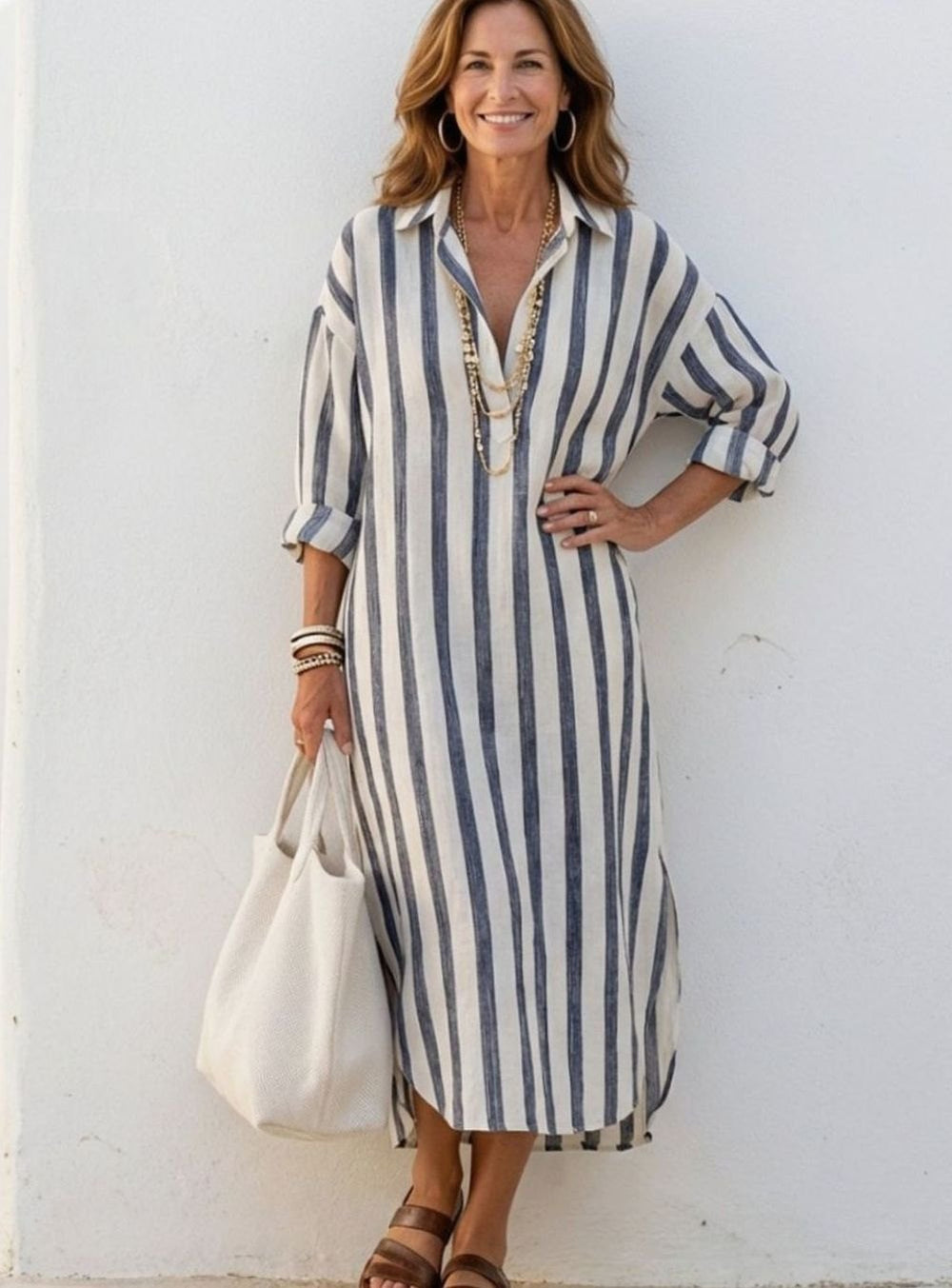 Women's Relaxed-Fit Long Sleeve Striped Midi Shirt Dress
