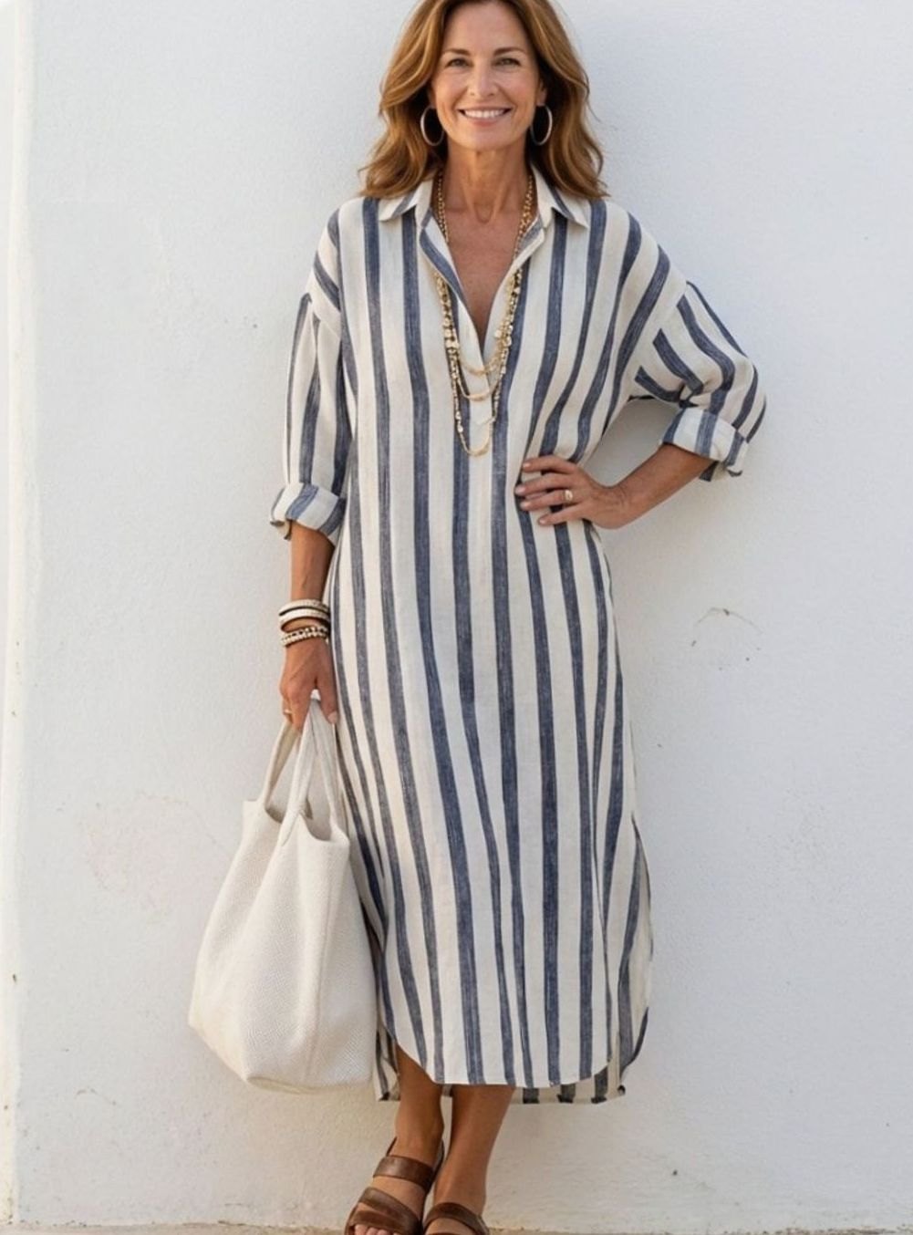 Women's Relaxed-Fit Long Sleeve Striped Midi Shirt Dress