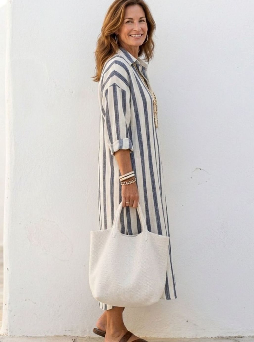 Women's Relaxed-Fit Long Sleeve Striped Midi Shirt Dress