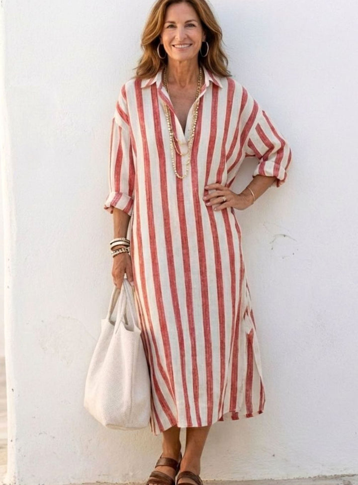 Women's Relaxed-Fit Long Sleeve Striped Midi Shirt Dress