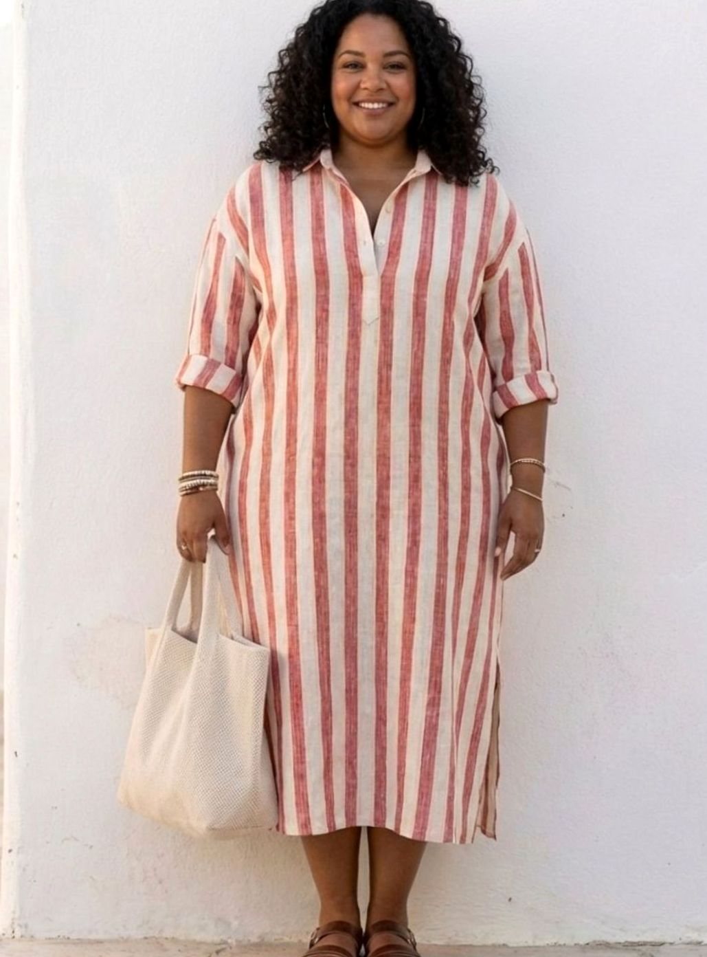 Women's Relaxed-Fit Long Sleeve Striped Midi Shirt Dress