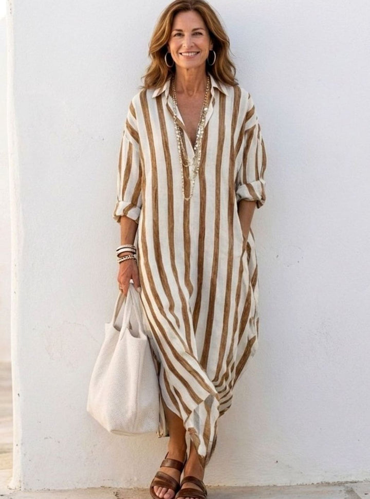 Women's Relaxed-Fit Long Sleeve Striped Midi Shirt Dress