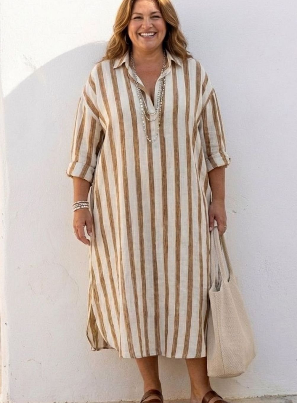 Women's Relaxed-Fit Long Sleeve Striped Midi Shirt Dress