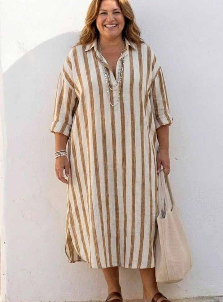 Women's Relaxed-Fit Long Sleeve Striped Midi Shirt Dress