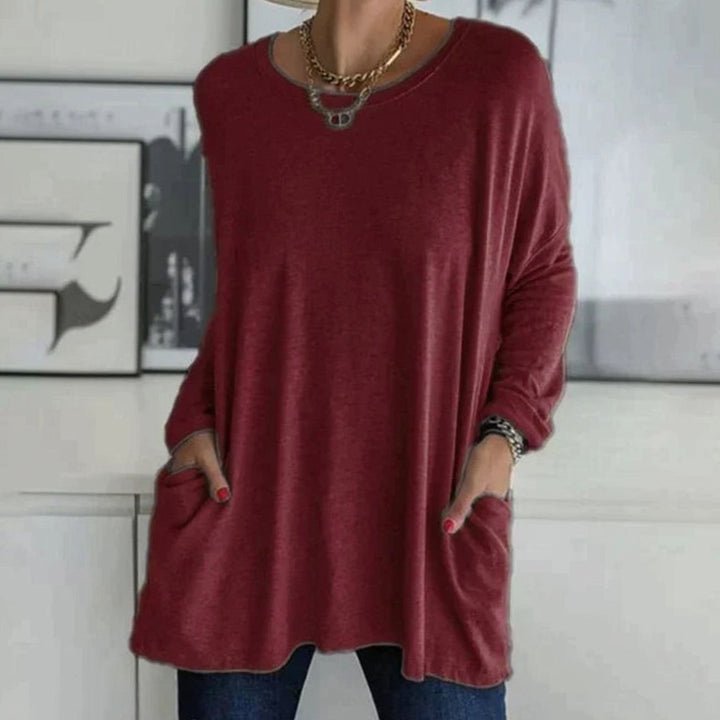 Women's Relaxed-Fit Long-Sleeve Tunic Top Front Pockets - Burgundy