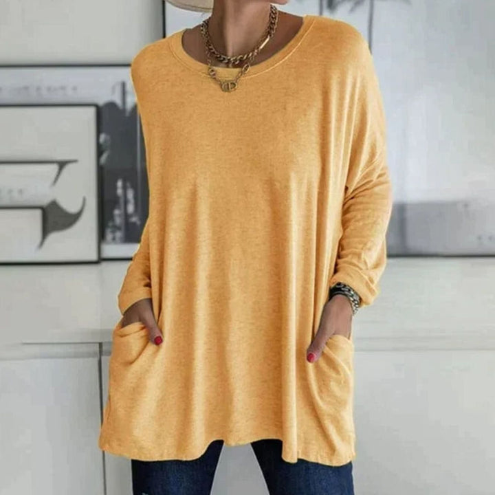 Women's Relaxed-Fit Long-Sleeve Tunic Top Front Pockets - Orange