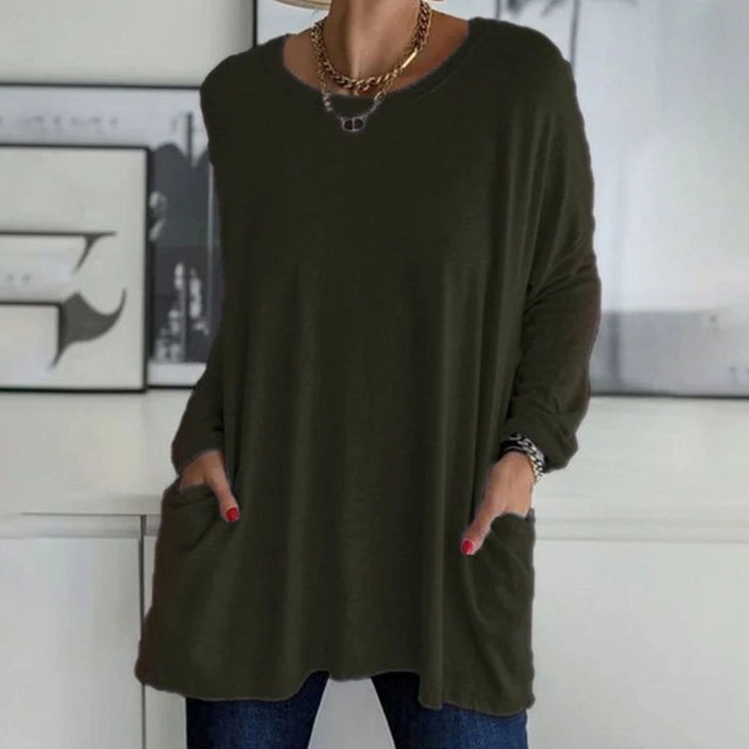 Women's Relaxed-Fit Long-Sleeve Tunic Top Front Pockets - Teal