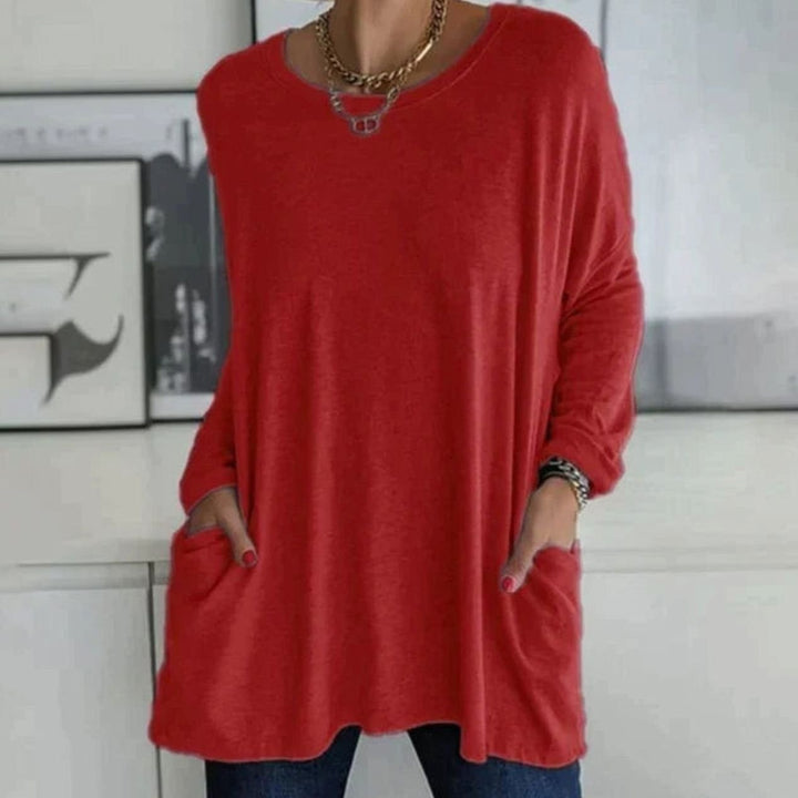 Women's Relaxed-Fit Long-Sleeve Tunic Top Front Pockets - Red