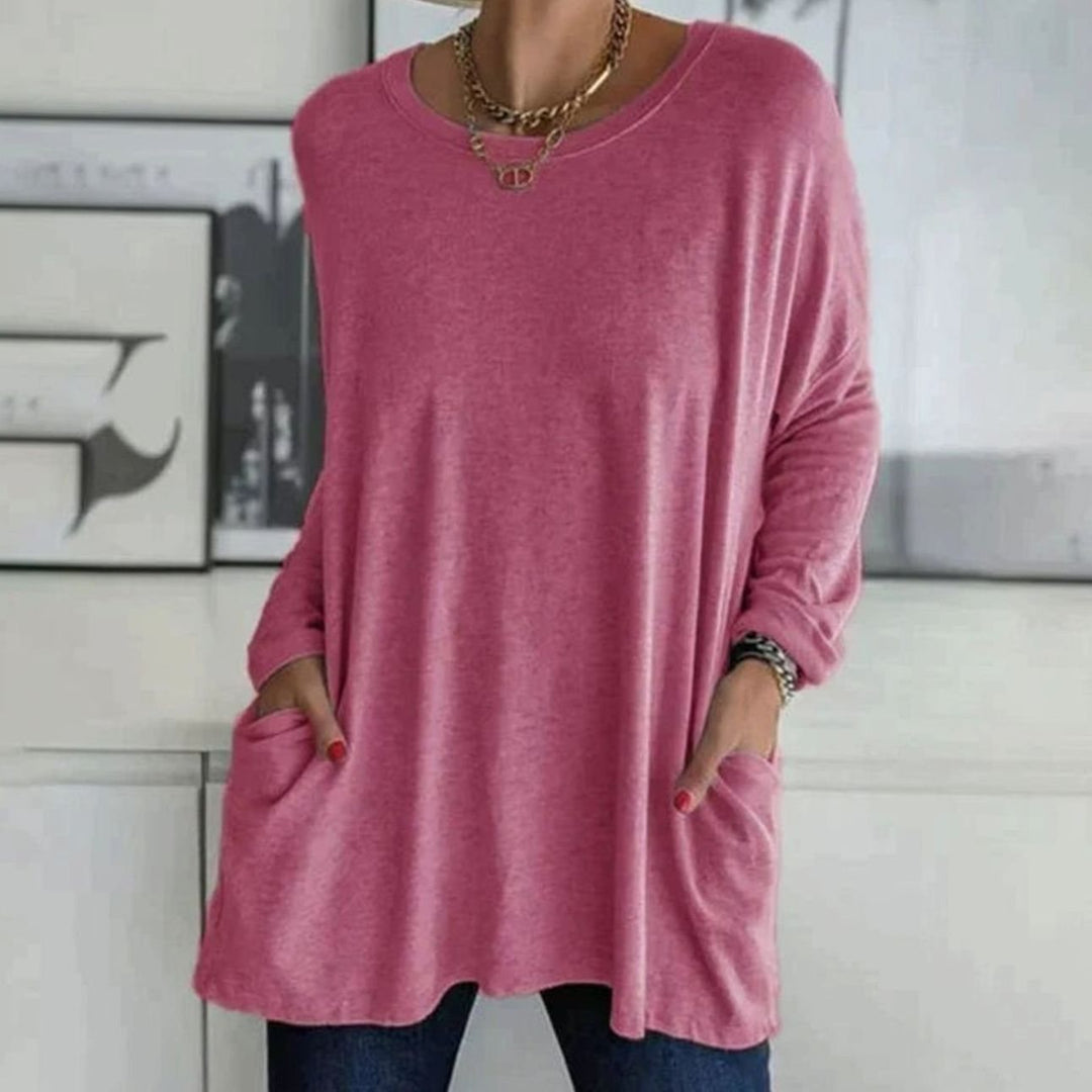 Women's Relaxed-Fit Long-Sleeve Tunic Top Front Pockets - Rose Red