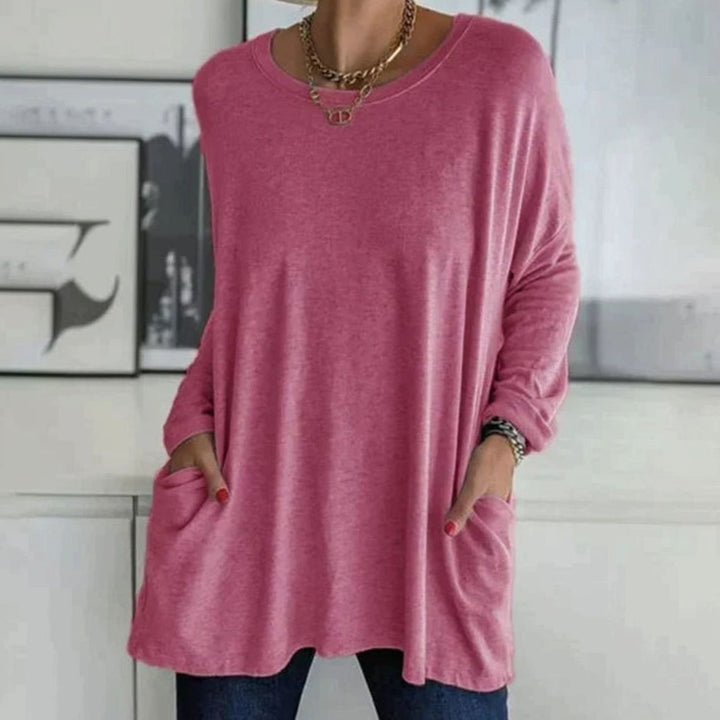 Women's Relaxed-Fit Long-Sleeve Tunic Top Front Pockets - Rose Red