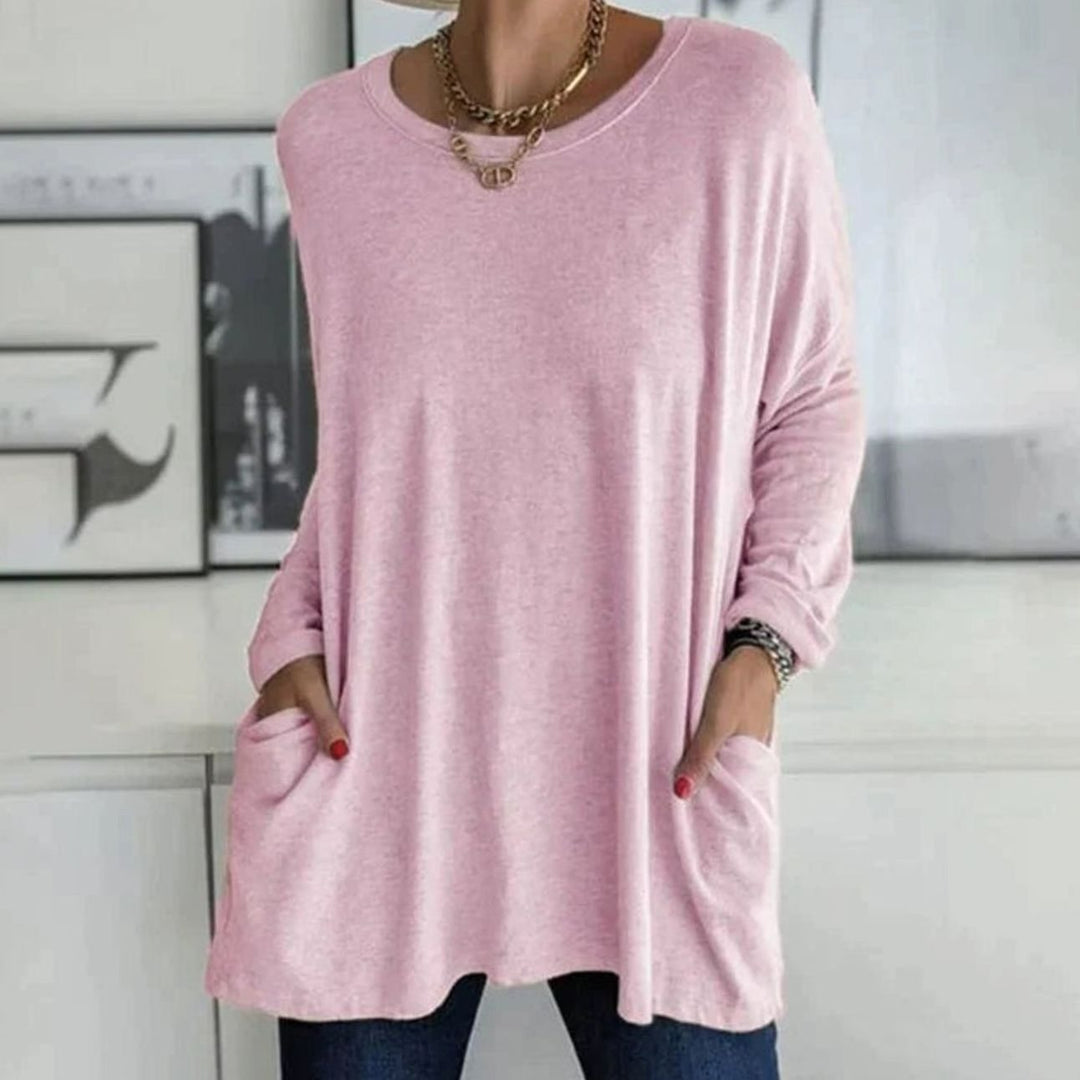 Women's Relaxed-Fit Long-Sleeve Tunic Top Front Pockets - Pink