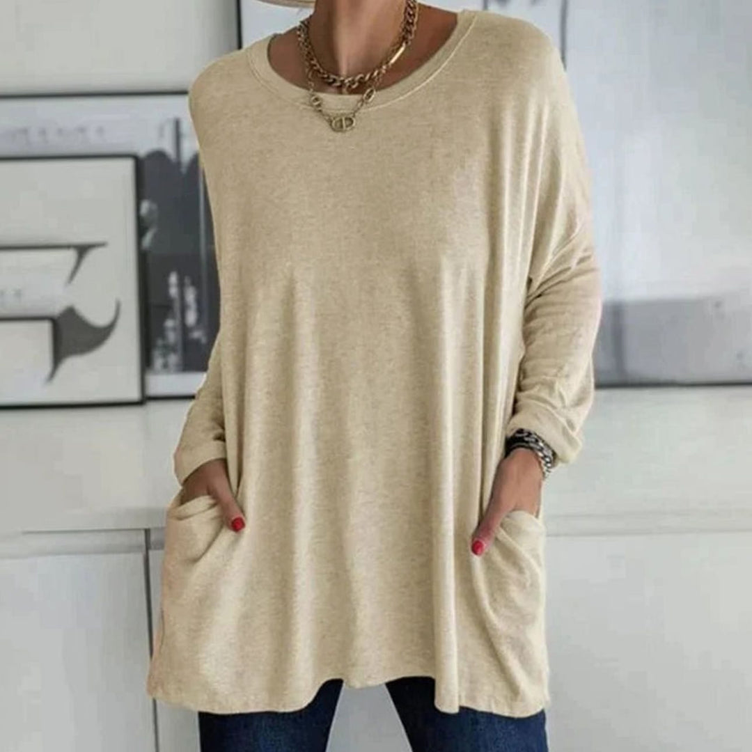 Women's Relaxed-Fit Long-Sleeve Tunic Top Front Pockets - Khaki