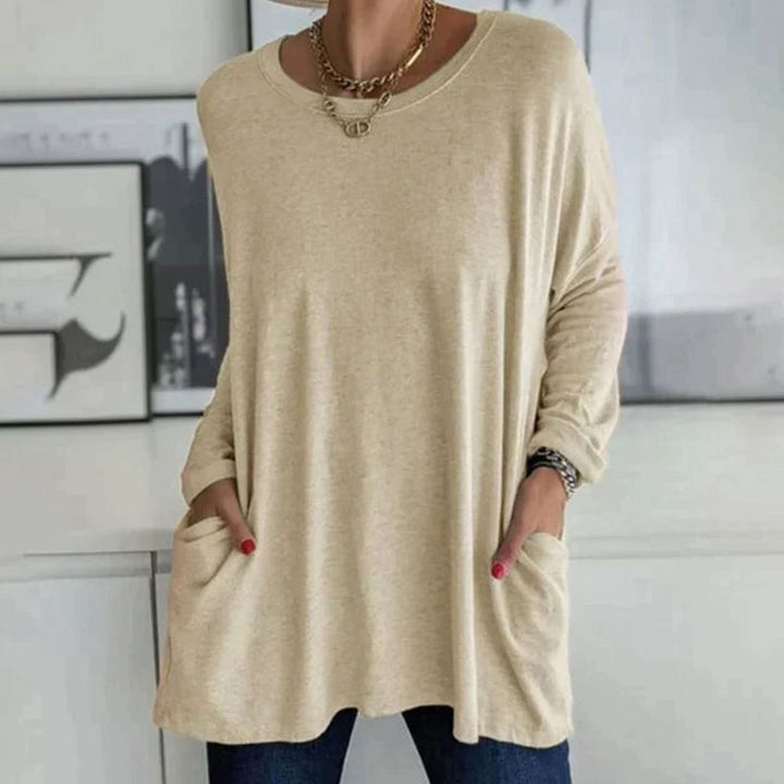 Women's Relaxed-Fit Long-Sleeve Tunic Top Front Pockets - Khaki