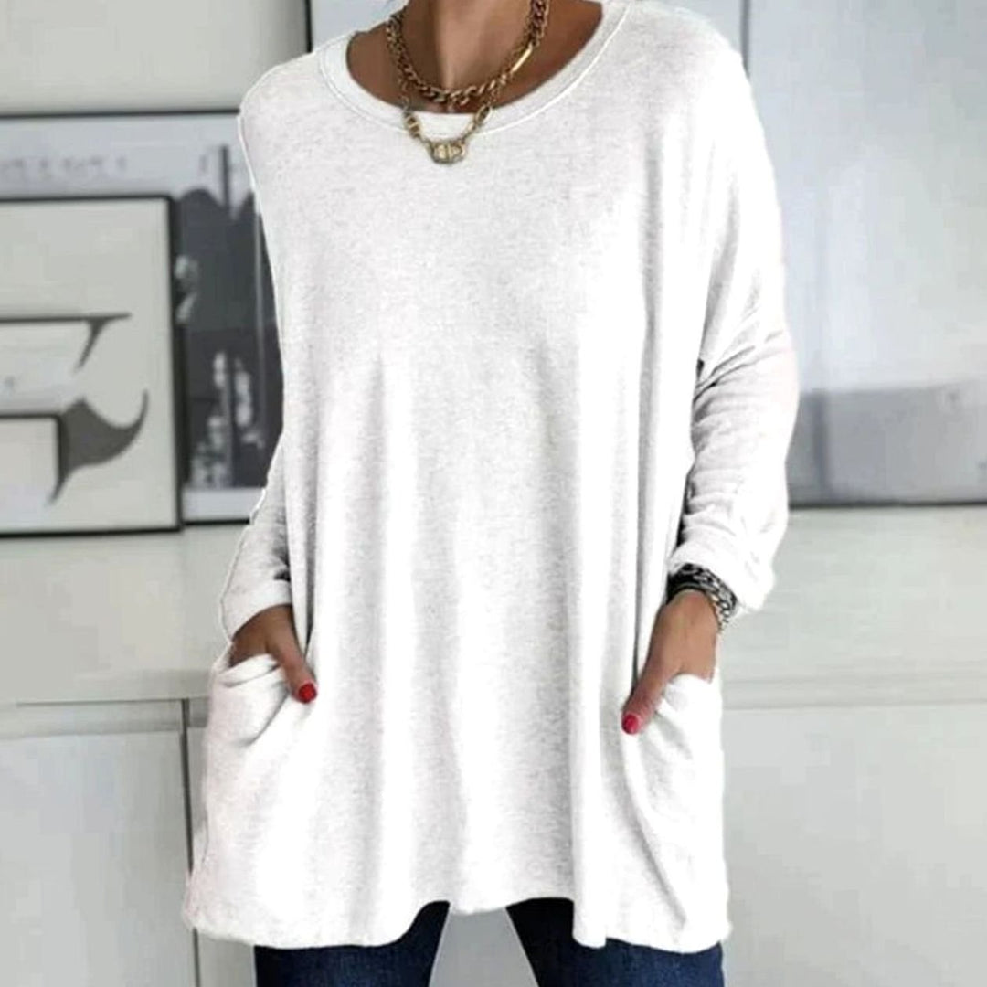 Women's Relaxed-Fit Long-Sleeve Tunic Top Front Pockets - White