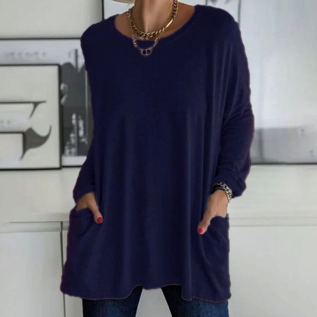 Women's Relaxed-Fit Long-Sleeve Tunic Top Front Pockets - Navy Blue
