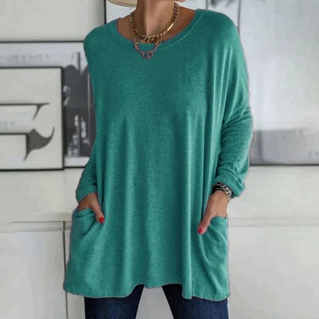 Women's Relaxed-Fit Long-Sleeve Tunic Top Front Pockets - Cyan Blue