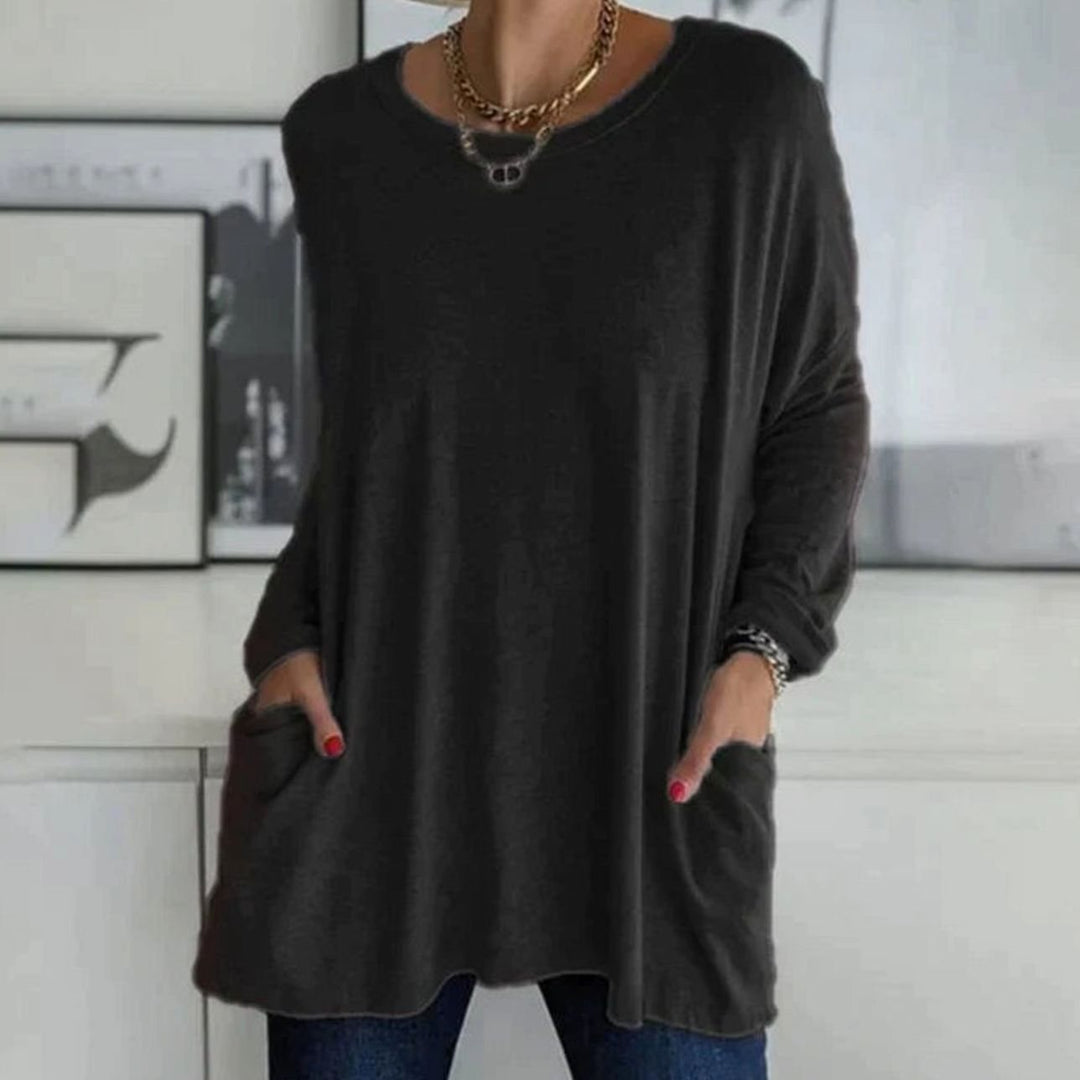 Women's Relaxed-Fit Long-Sleeve Tunic Top with Front Pockets - Black