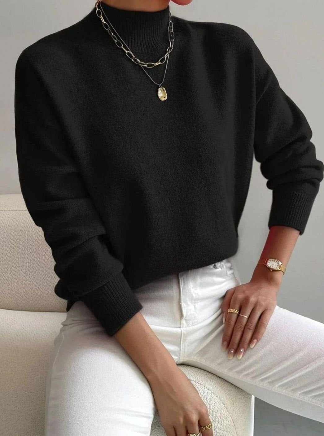 Women's Relaxed-Fit Mock Neck Long Sleeve Knitted Jumper