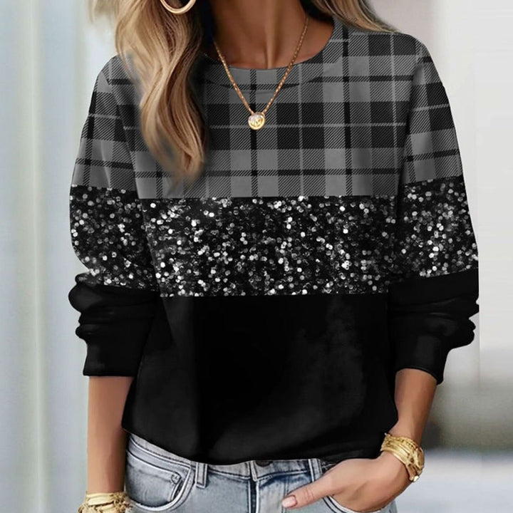 Women's Relaxed-Fit Plaid Glitter Panel Crew-Neck Sweatshirt