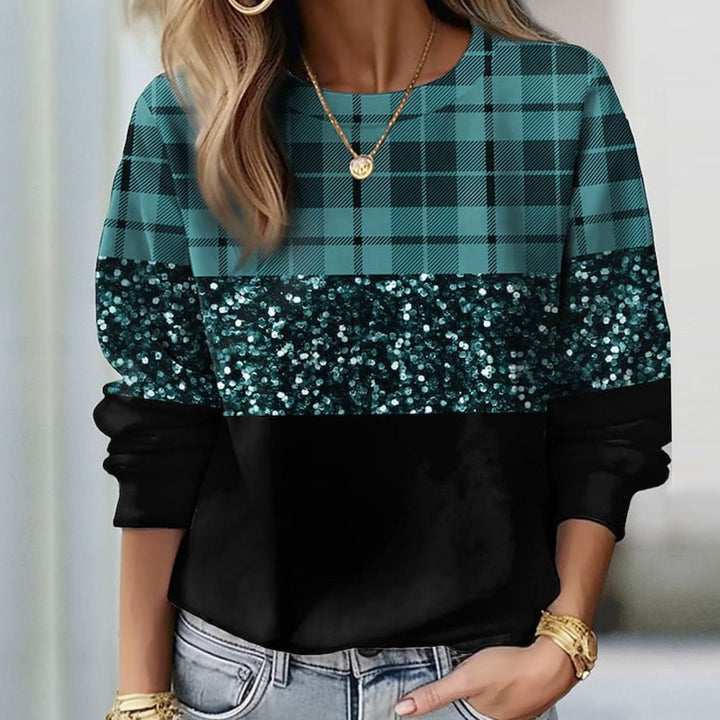 Women's Relaxed-Fit Plaid Glitter Panel Crew-Neck Sweatshirt - Green