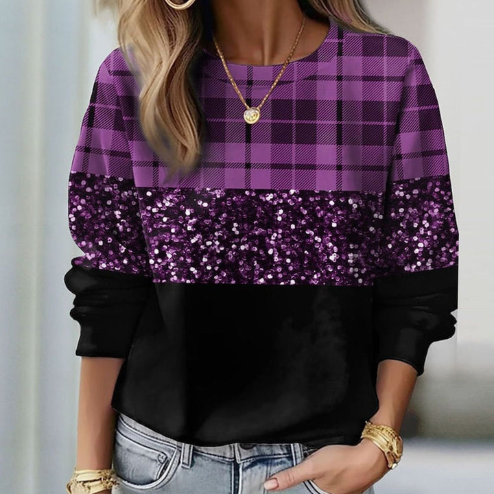 Women's Relaxed-Fit Plaid Glitter Panel Crew-Neck Sweatshirt