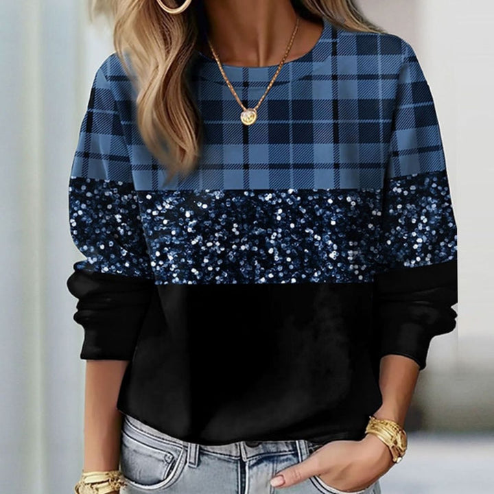 Women's Relaxed-Fit Plaid Glitter Panel Crew-Neck Sweatshirt