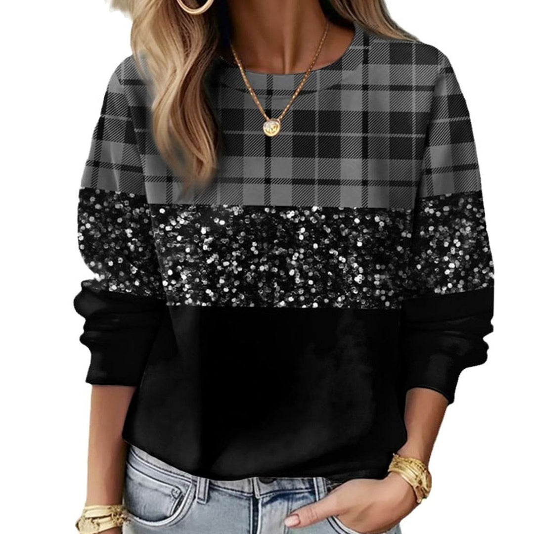 Women's Relaxed-Fit Plaid Glitter Panel Crew-Neck Sweatshirt